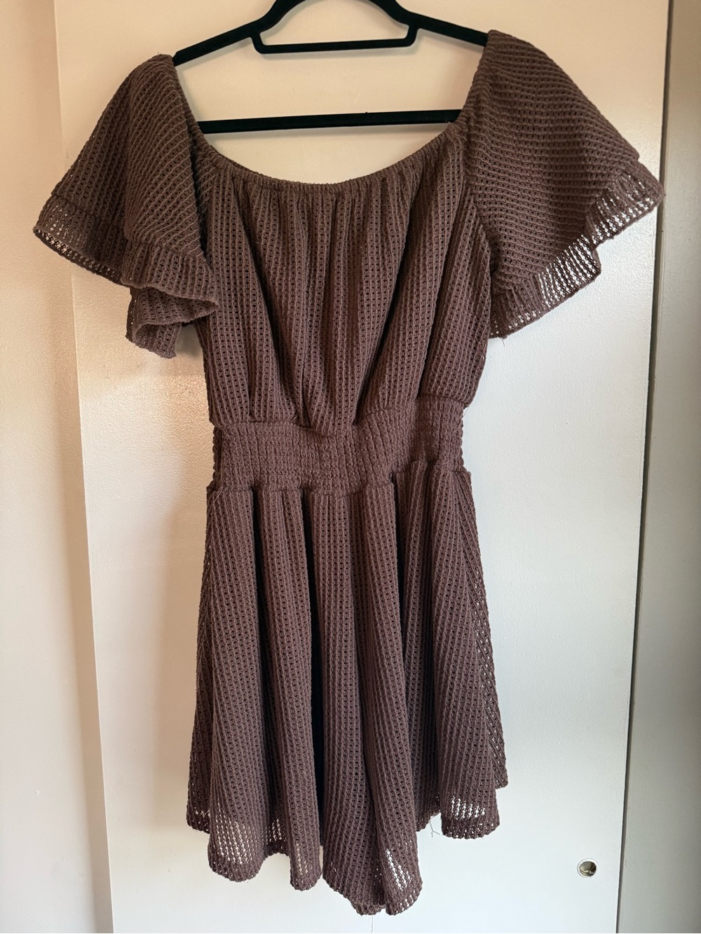 Fashion Nova Mauve-Brown Crochet Off-Shoulder Fit & Flare Dress